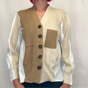 Women's Mixed Media Button Down Sweater Blouse Oversized Large